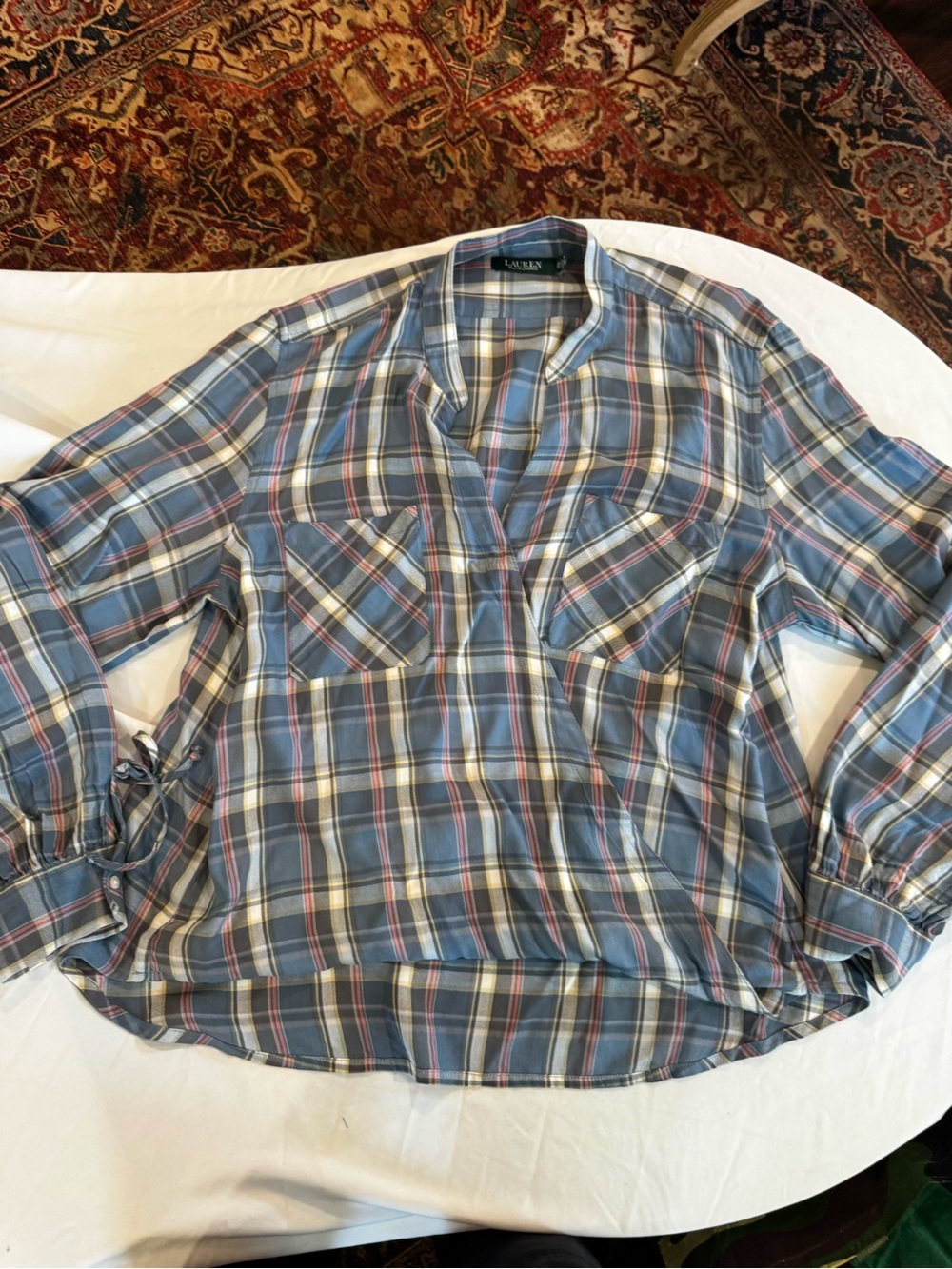 Lauren Ralph Lauren Plaid Faux Wrap Surplice Blouse XXL Blue Pink Utility